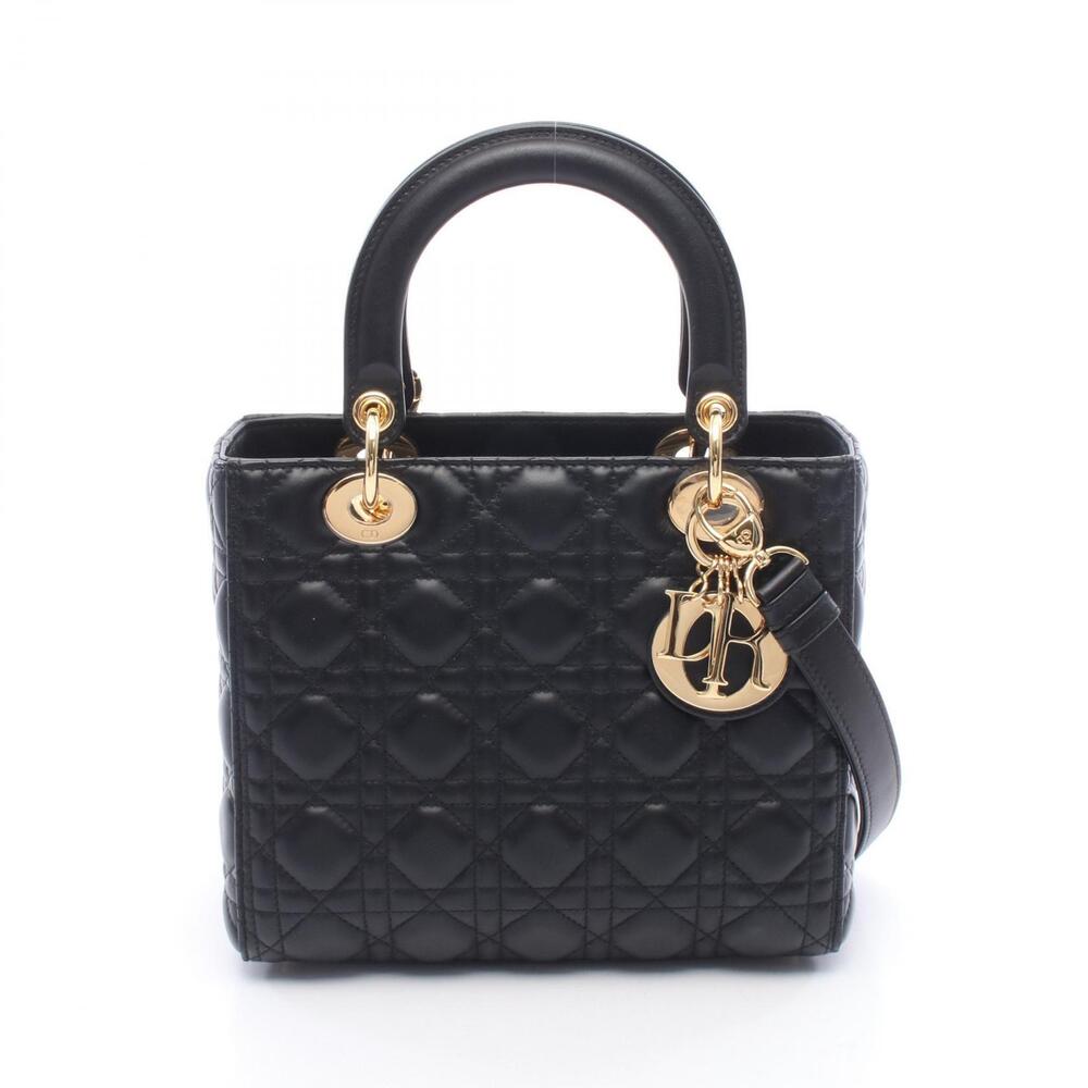 Christian Dior Lady Cannage Handbag Leather Black